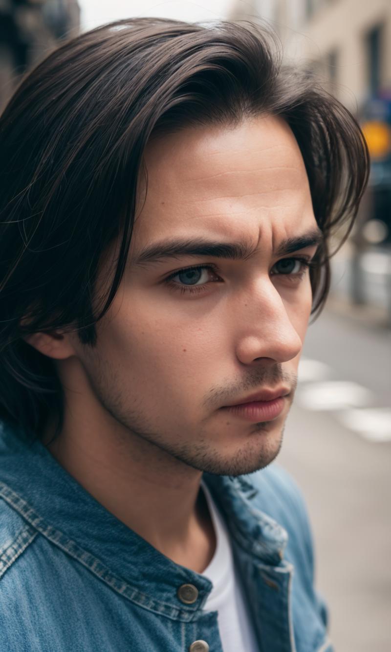 12304-979325803-Photographic perspective, close-up of a handsome man in a city street, wearing a denim jacket, with a serious expression,.png